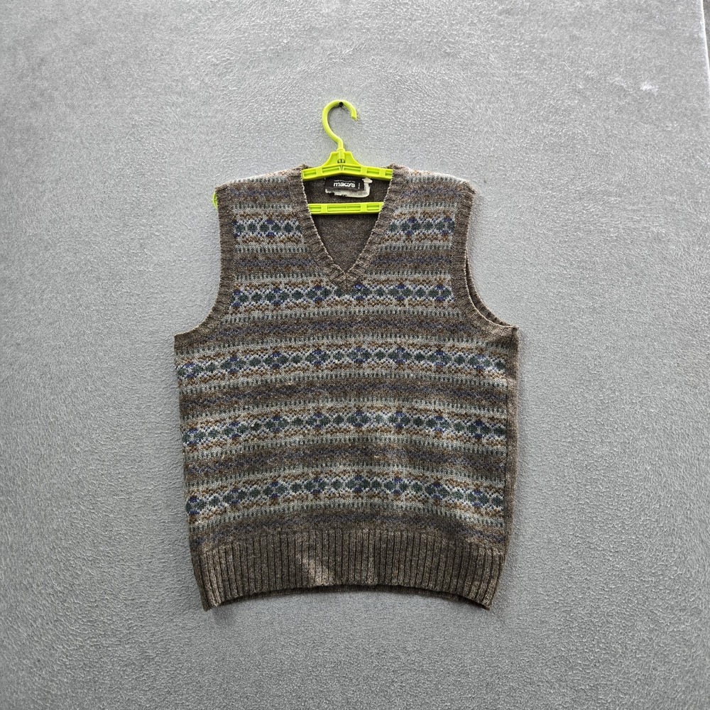 VINTAGE Macys Men Sweater L Brown Wool Vest Geometric Old Money READ